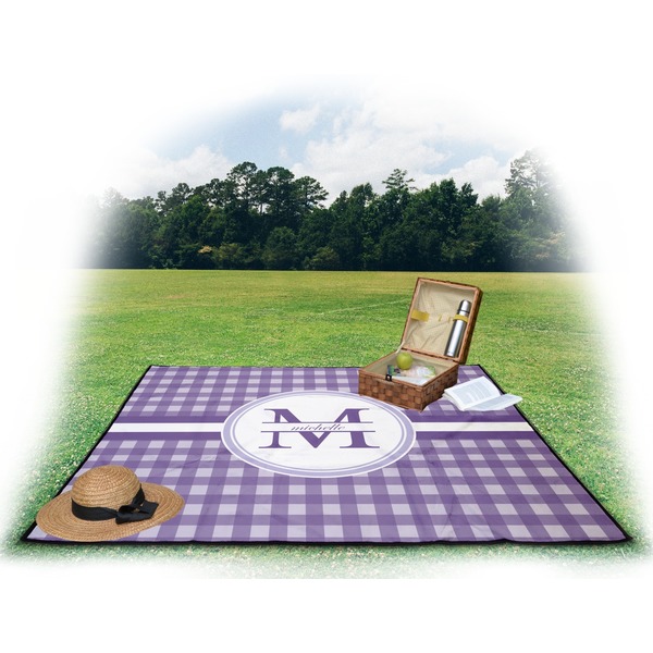 Gingham Print Picnic Blanket - with Basket Hat and Book - in Use