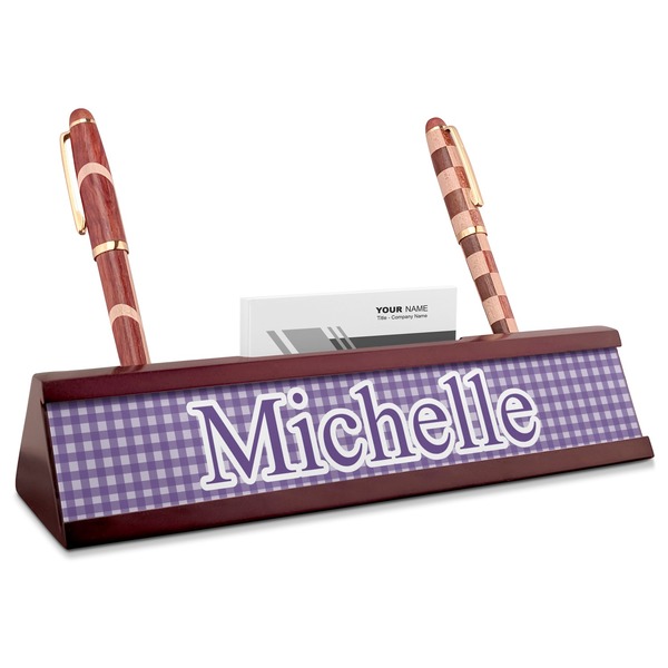 Custom Gingham Print Red Mahogany Nameplate with Business Card Holder (Personalized)