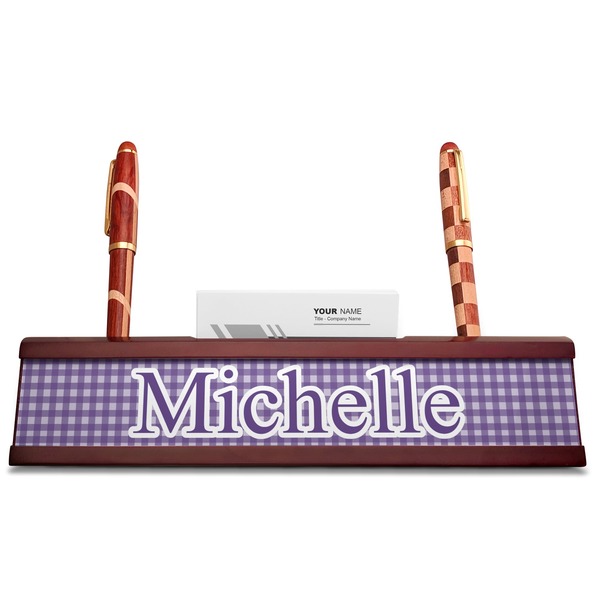 Gingham Print Red Mahogany Nameplates with Business Card Holder - Straight