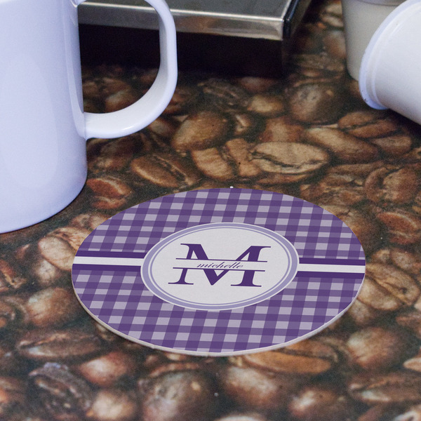 Gingham Print Round Paper Coaster - Front