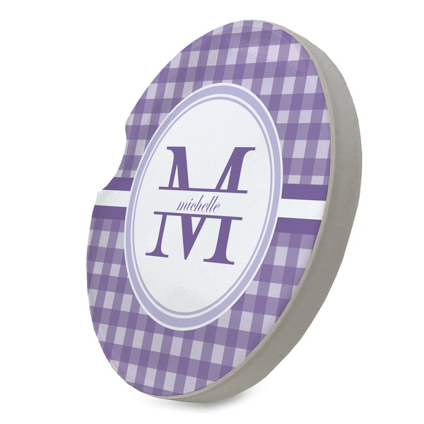 Gingham Print Sandstone Car Coaster - STANDING ANGLE