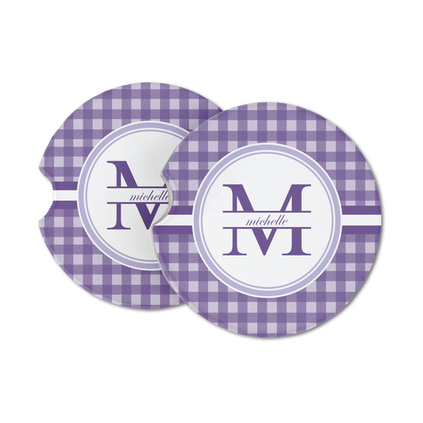 Custom Gingham Print Sandstone Car Coasters (Personalized)