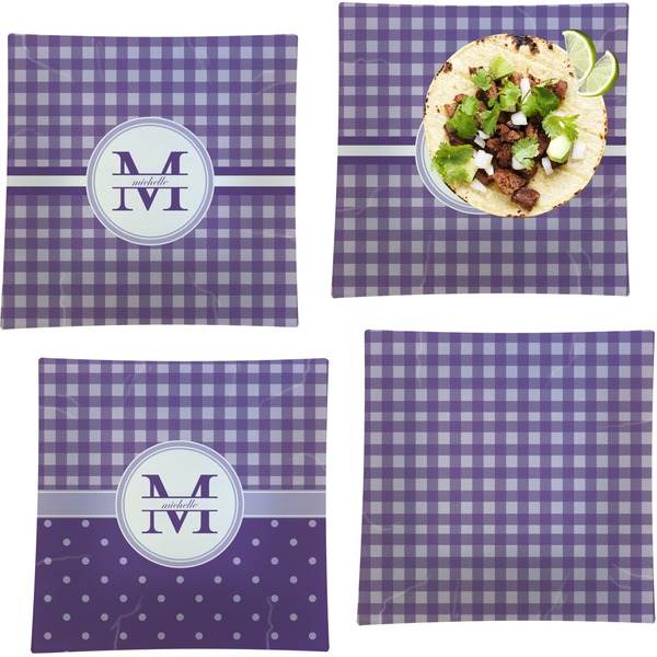 Custom Gingham Print Set of 4 Glass Square Lunch / Dinner Plate 9.5" (Personalized)