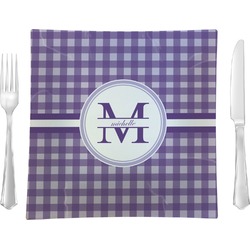 Gingham Print 9.5" Glass Square Lunch / Dinner Plate- Single or Set of 4 (Personalized)