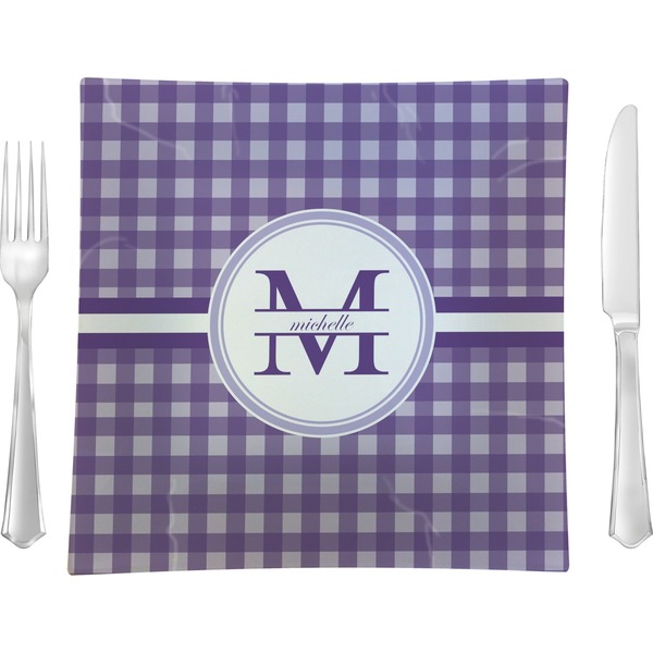 Custom Gingham Print 9.5" Glass Square Lunch / Dinner Plate- Single or Set of 4 (Personalized)