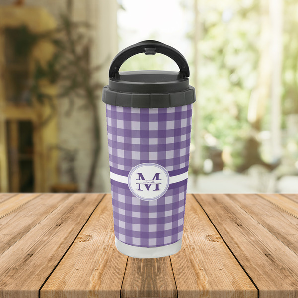 Gingham Print Stainless Steel Travel Cup Lifestyle