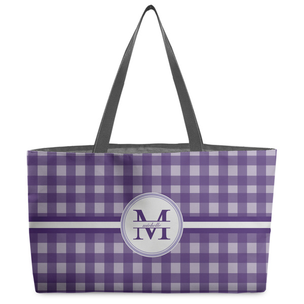 Custom Gingham Print Beach Totes Bag - w/ Black Handles (Personalized)