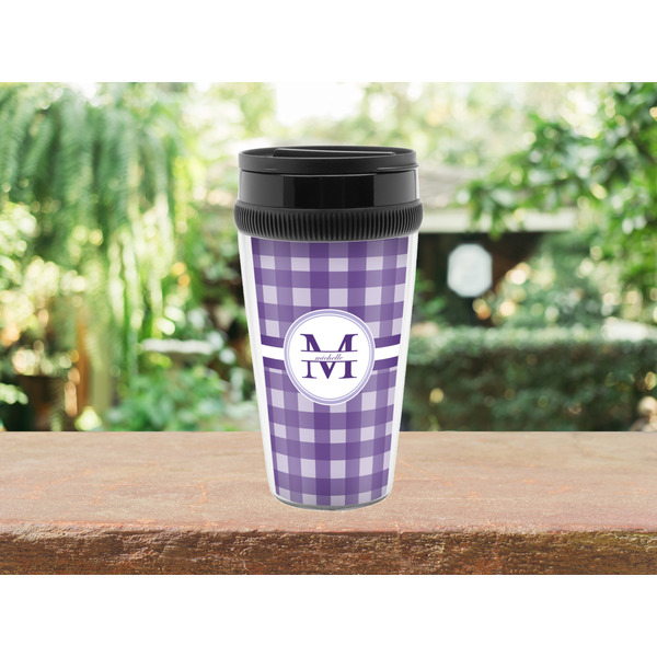 Gingham Print Travel Mug Lifestyle (Personalized)