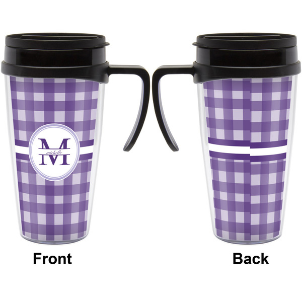 Gingham Print Travel Mug with Black Handle - Approval