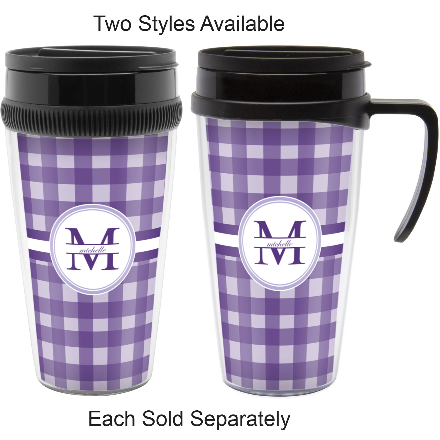 Gingham Print Acrylic Travel Mug with Handle (Personalized