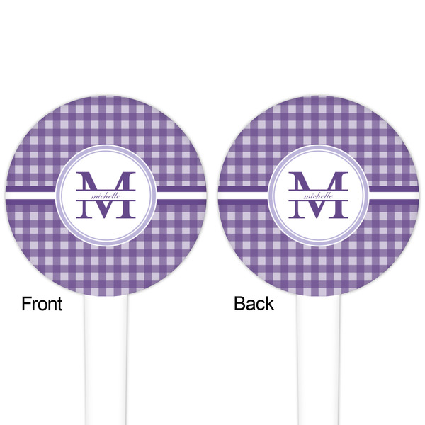 Gingham Print White Plastic 4" Food Pick - Round - Double Sided - Front & Back