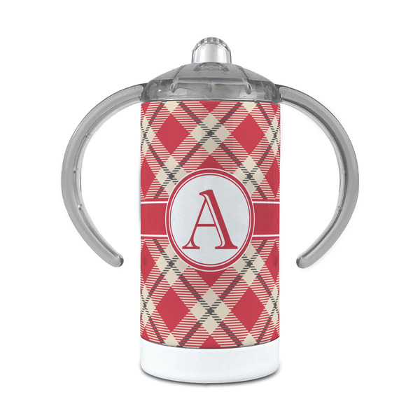 Custom Red & Tan Plaid 12 oz Stainless Steel Sippy Cup (Personalized)