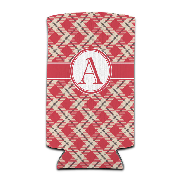 Custom Red & Tan Plaid Can Cooler (tall 12 oz) (Personalized)