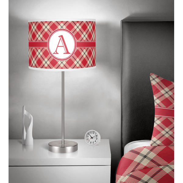 Red & Tan Plaid 13 inch drum lamp shade - in room