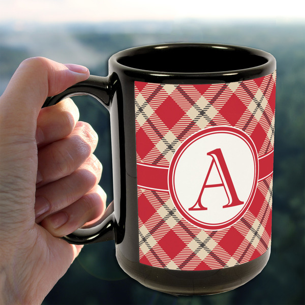 Red & Tan Plaid 15oz. Black Mug - LIFESTYLE