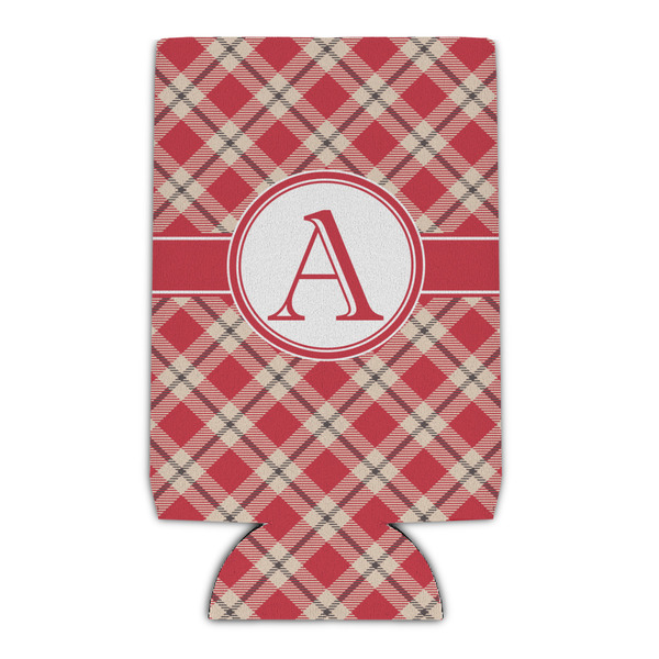 Custom Red & Tan Plaid Can Cooler (16 oz) (Personalized)