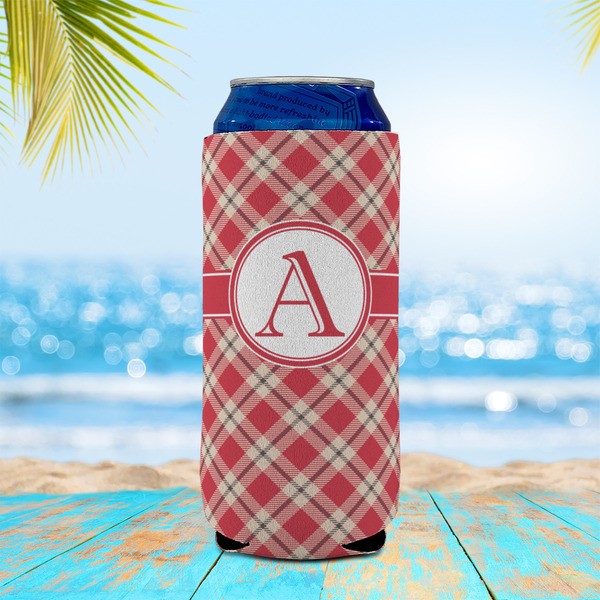 Red & Tan Plaid 16oz Can Sleeve - LIFESTYLE