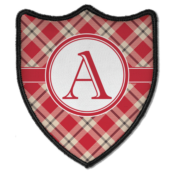 Custom Red & Tan Plaid Iron On Shield Patch B w/ Initial
