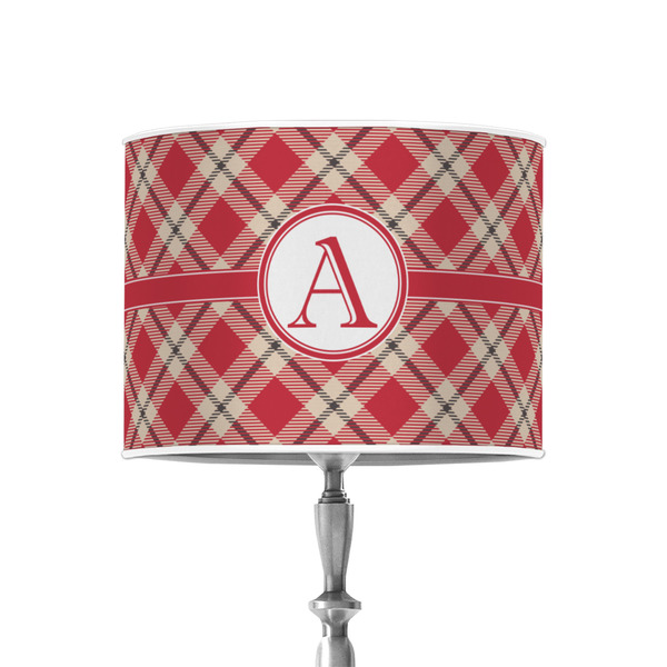 Red & Tan Plaid 8" Drum Lampshade - ON STAND (Poly Film)