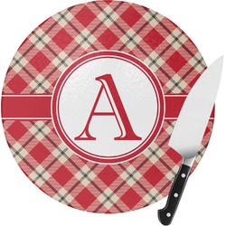 Red & Tan Plaid Round Glass Cutting Board - Small (Personalized)