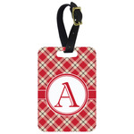 Red & Tan Plaid Metal Luggage Tag w/ Initial