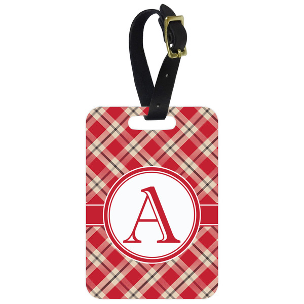 Custom Red & Tan Plaid Metal Luggage Tag w/ Initial