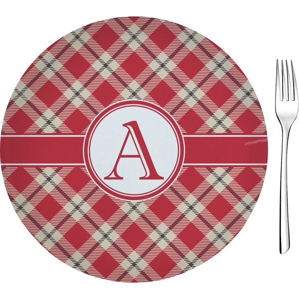 Custom Red & Tan Plaid Glass Appetizer / Dessert Plate 8" (Personalized)