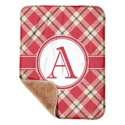 Red & Tan Plaid Sherpa Baby Blanket - 30" x 40" w/ Initial