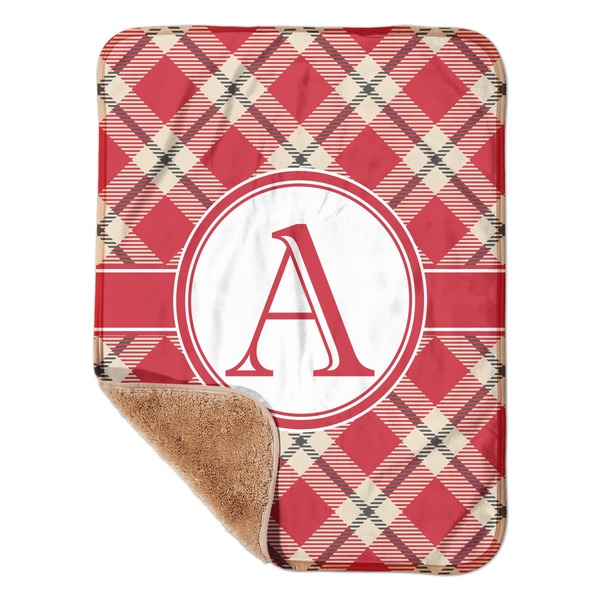Custom Red & Tan Plaid Sherpa Baby Blanket - 30" x 40" w/ Initial