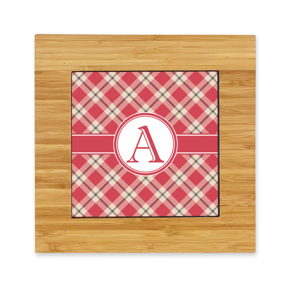 Custom Red & Tan Plaid Bamboo Trivet with Ceramic Tile Insert (Personalized)