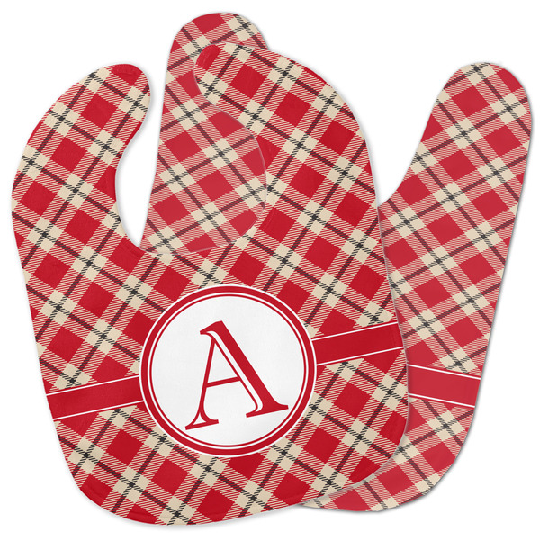 Custom Red & Tan Plaid Baby Bib w/ Initial