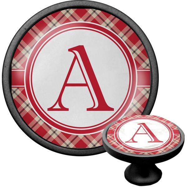 Custom Red & Tan Plaid Cabinet Knob (Black) (Personalized)