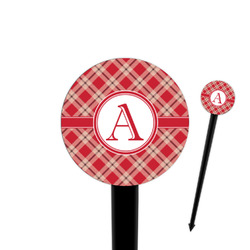 Red & Tan Plaid 4" Round Plastic Food Picks - Black - Double Sided (Personalized)