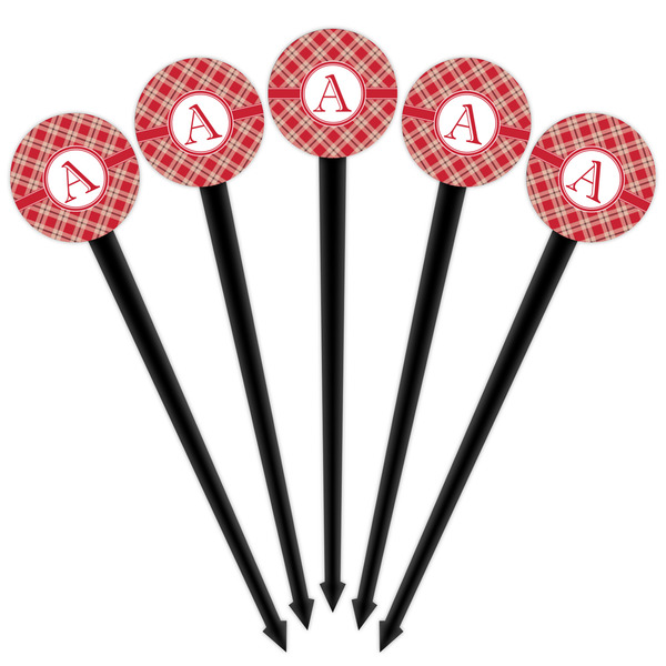 Red & Tan Plaid Black Plastic 4" Food Pick - Round - Fan View