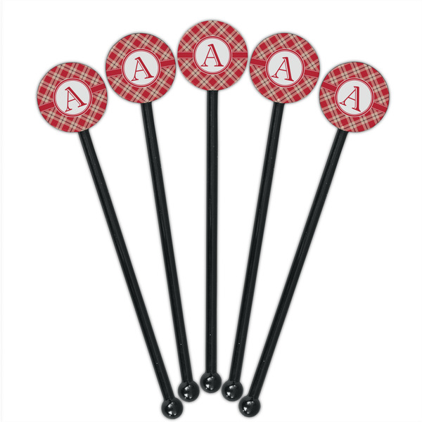Red & Tan Plaid Black Plastic 5.5" Stir Stick - Round - Fan View