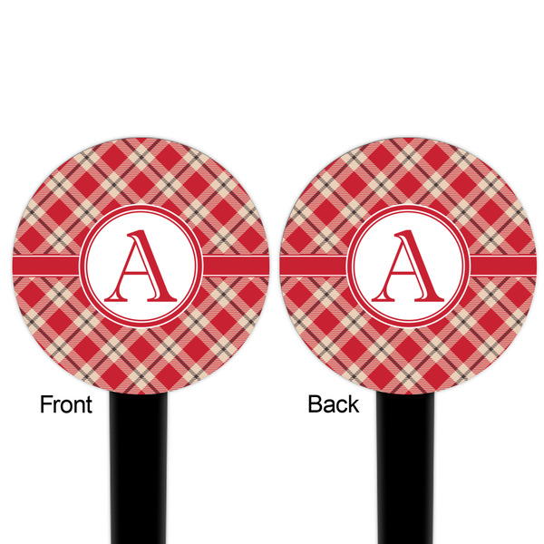 Red & Tan Plaid Black Plastic 6" Food Pick - Round - Double Sided - Front & Back