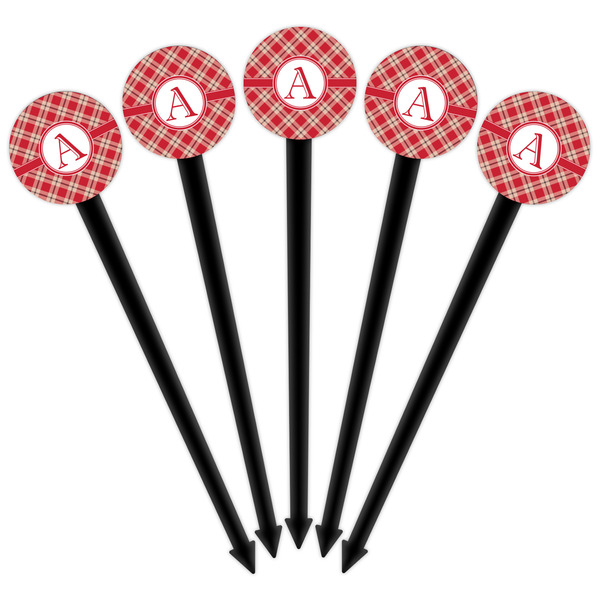 Red & Tan Plaid Black Plastic 6" Food Pick - Round - Fan View