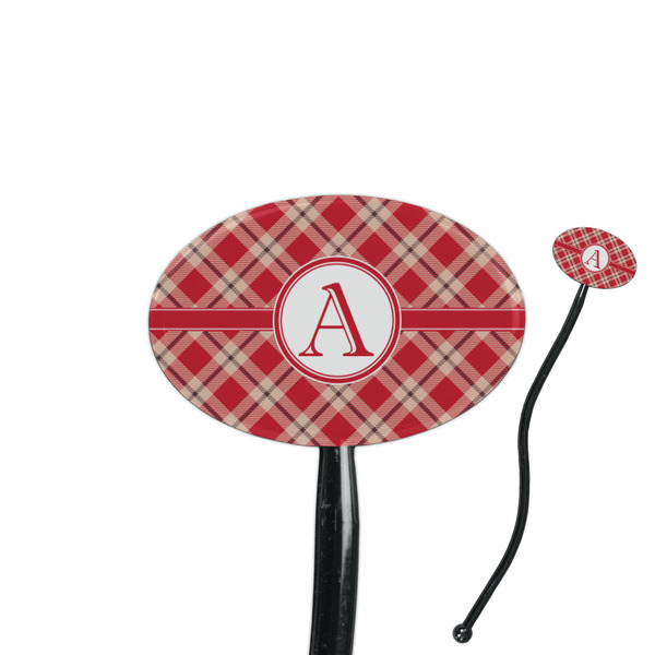 Custom Red & Tan Plaid 7" Oval Plastic Stir Sticks - Black - Single Sided (Personalized)