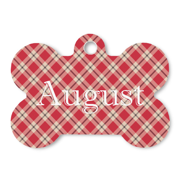 Custom Red & Tan Plaid Bone Shaped Dog ID Tag (Personalized)