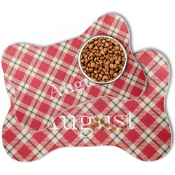Red & Tan Plaid Bone Shaped Dog Food Mat (Personalized)