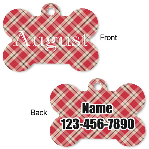 Red & Tan Plaid Bone Shaped Dog Tag - Front & Back