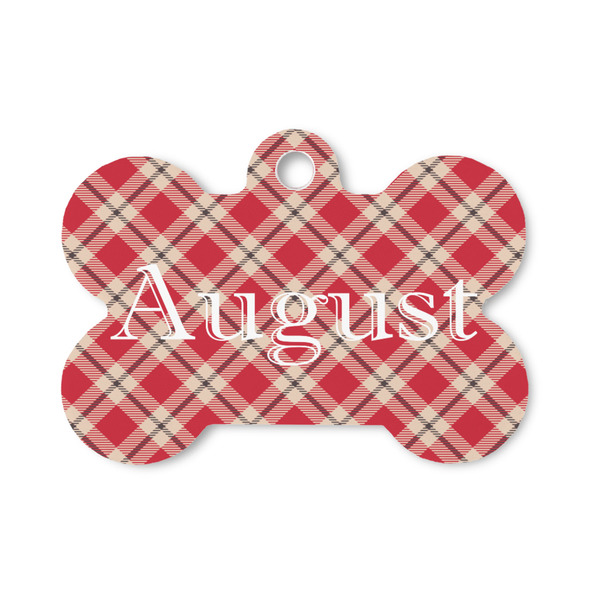 Custom Red & Tan Plaid Bone Shaped Dog ID Tag - Small (Personalized)