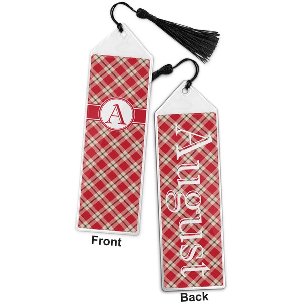 Red & Tan Plaid Bookmark with tassel - Front and Back