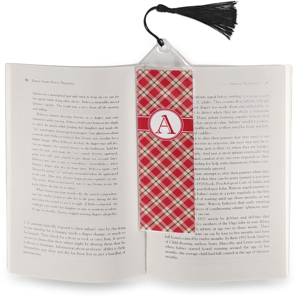 Red & Tan Plaid Bookmark with tassel - In book