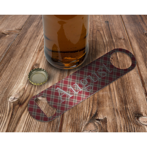 Red & Tan Plaid Bottle Opener - In Use