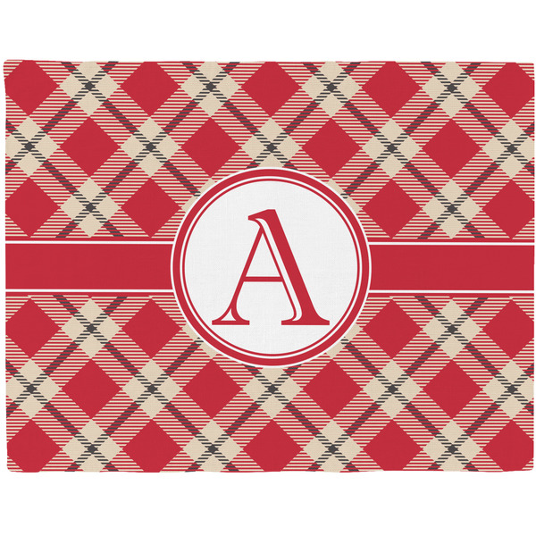 Custom Red & Tan Plaid Woven Fabric Placemat - Twill w/ Initial