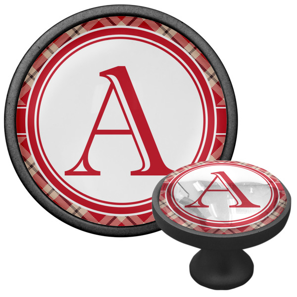 Red & Tan Plaid Cabinet Knob - Black - Multi Angle