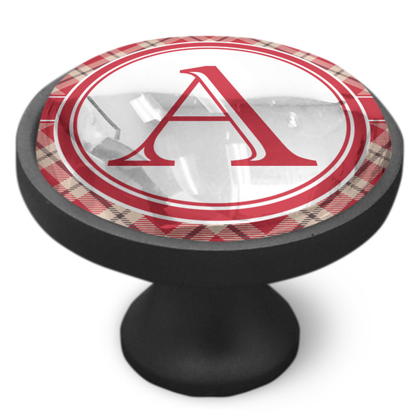 Red & Tan Plaid Cabinet Knob - Black - Side