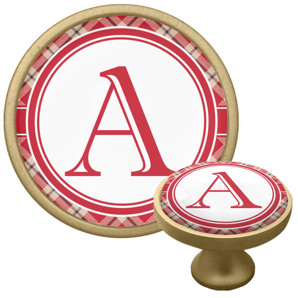 Custom Red & Tan Plaid Cabinet Knob - Gold (Personalized)