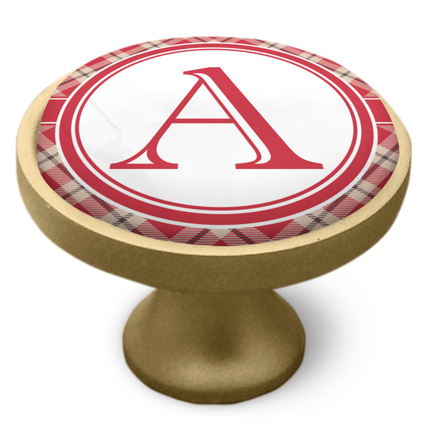 Red & Tan Plaid Cabinet Knob - Gold - Side